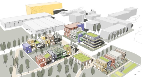 Visualisering af projektet urbant Selvbyg i Musicon-bydelen i Roskilde.